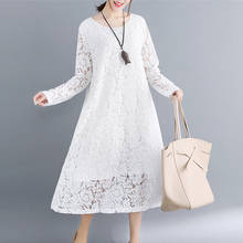 #0122 Spring Summer Red Black White Lace Dress Women High Quality O-neck Long Sleeve Hollow Out Vestidos Dress Elegant 2024 - buy cheap