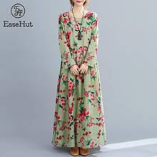 Платье EaseHut женское из хлопка и льна, винтажное повседневное свободное Макси-платье с цветочным принтом, круглым вырезом и длинным рукавом, на весну и осень 2024 - купить недорого