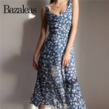 Bazaleas-vestido midi Vintage de gasa para mujer, vestido elástico con abertura en la espalda, estampado Floral azul, para vacaciones 2024 - compra barato