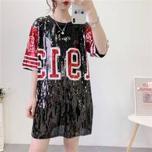 Streetwear Vintage Sequins Embroidery Tees Dress 2021 Summer Runway Women O-Neck Black Loose Long Top Hip Hop Oversized T-shirts 2024 - buy cheap