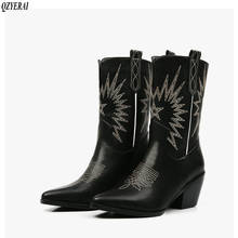 Outono botas femininas botas de couro do plutônio cunha de salto alto botas de tornozelo apontou toe inverno botas de cowboy moda ocidental botas preto branco 2019 2024 - compre barato