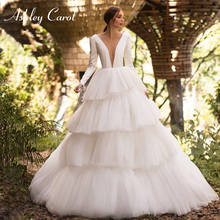 Ashley Carol A-Line Wedding Dress 2022 V-Neckline Satin Long Sleeve Bridal Button Ruffles Chapel Bride Gowns Vestido De Noiva 2024 - buy cheap