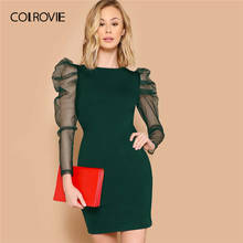 COLROVIE Green Mesh Leg-of-mutton Sleeve Fitted Dress Women Solid Sexy Bodycon Mini Dress Spring Slim Fit Elegant Pencil Dresses 2024 - buy cheap
