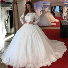 E jue shung vestido de noiva, vintage, para baile, casamento, pescoço em barco, mangas compridas, rendas, apliques, vestido de noiva 2024 - compre barato