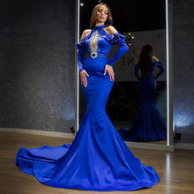 Eightale Mermaid Evening Dresses High Neck Beaded with Rhinestones Royal Blue Arabic Prom Gown Dubai Long Sleeves Party Dress 2024 - buy cheap