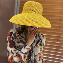 Sombrero de paja con forma de campana Hepburn hueco amarillo para mujer, sombrero de ala grande, sombra, vacaciones, Playa 2024 - compra barato