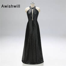 Реальные фотографии, черное блестящее женское платье длиной до пола с лямкой на шее, официальное вечернее платье, длинное платье 2024 - купить недорого