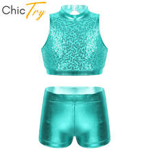 ChicTry Kids Dancewear Shiny Sequins Metallic Crop Tops with Ballet Gymnastics Shorts Set Girls Jazz Performance Dance Costume 2024 - buy cheap