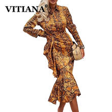 VITIANA-vestido trompeta de leopardo para mujer, prenda informal de manga larga con cuello vuelto, volantes, color amarillo, para fiesta, primavera 2020 2024 - compra barato