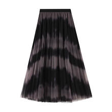 Women Spring Summer Fashion Casual Smudge Striped Mesh Elastic Waist Double Layered Mesh Pleated Prom Party A-Line Midi Skirts 2024 - buy cheap