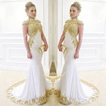 White Muslim Evening Dresses Long Mermaid High Neck Gold Embroidery Crystals Spring Women Formal Party Prom Gowns 2024 - buy cheap