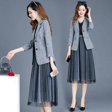 Women 2020 Spring Autumn New Fashion Dress Suits Female Elegant Plaid Blazer Jacket Coat+Mesh Patchwork Dresses 2Pcs Sets Y811 2024 - buy cheap