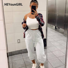 Heyouth-calça de moletom feminina, preto, branca, grossa, cintura alta elástica, com bolsos, para moças, estilo coreano 2024 - compre barato