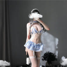 Sexy maid cosplay trajes grade azul treliça garçonete uniforme tentador menina quente biquíni conjunto mini saia mostrar ao vivo cam vestido 2024 - compre barato