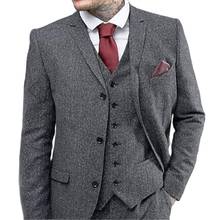 3 предмета, серый твидовый мужской костюм для свадьбы с острым отворотом на заказ, повседневный смокинг жениха 2020, зимняя мужская модная одежда, куртка, брюки 2024 - купить недорого