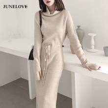 JuneLove Winter Turtleneck Sweater Dress Women Lace Up Knitted Long Dress Female Knitwear Full Sleeve Soft Vestidos high quality 2024 - buy cheap