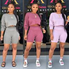 Sell well solid casual 2 piece set women full sleeve crop top +shorts autumn nature casual slim suit MLD8603 2024 - buy cheap