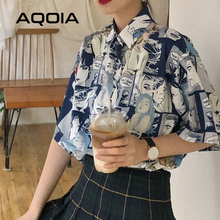 Chic Japanese style Cartoon print Women Shirt Vintage Short Sleeve Button Up Y2K Womens Blouse 2022 Summer Loose Female Shirts 2024 - buy cheap