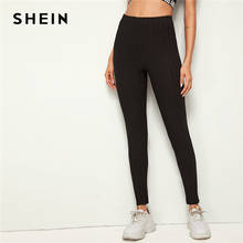 SHEIN Black Solid Ribbed Knit Skinny Leggings Pants Women Bottoms 2019 Autumn Elastic Waist Active Wear Ladies Skinny Trousers 2024 - buy cheap