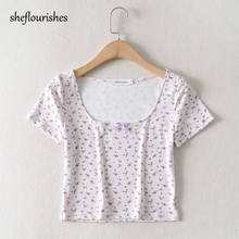 Summer T shirt women short sleeve t shirt korean floral tops vintage square neck cropped t shirts cute slim tops purple 2024 - buy cheap