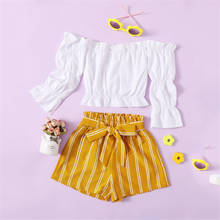 2-7Y Summer Kids Girls Clothes Sets Solid Color Off Shoulder Long Sleeve Pullover T Shirts Tops Striped Shorts Casual 2024 - buy cheap