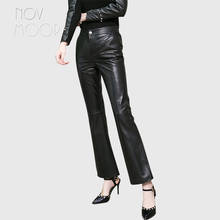 Novmoop office lady winter spring black sheepskin genuine leather pants back elastic front button decor spodnie pantalon LT2984 2024 - buy cheap