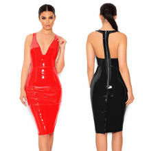 Women Sexy Shiny Halter Red Black PVC Faux Leather Zipper Deep V Dress Sexy Dress 2020 2024 - buy cheap