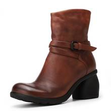 Botas de tornozelo do vintage artesanal mulher sapatos moda sólida round toe fivela cinta zip couro genuíno senhoras botas de salto alto 35-40 2024 - compre barato