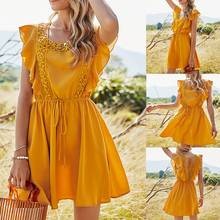 Women's Solid Color Short-Sleeve Ruffle Mini Dress Summer Lace Stitching Party Dress 2024 - buy cheap