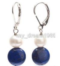 Free Shipping  8-10mm enuine White Pearl Natural Blue lapis lazuli 925 Leverback Earring Natural stone bread Earing big earrings 2024 - buy cheap