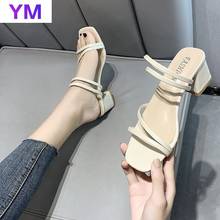 Women Sandals Chunky Heels Brand Slides 2021 Summer Flip Flops Narrow Band Sandal Elegant Mule Shoes Women Slipper Big Size 42 2024 - buy cheap