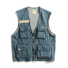 Multi Pocket Men's Cargo Vest Japan Vintage Denim Casual Reporter Loose Sleeveless Jacket Cotton Jean Cowboy Coat For Men Women 2024 - buy cheap