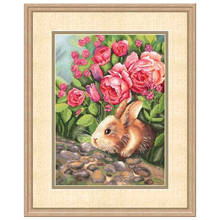 Kit de punto de cruz con estampado de conejo en las flores, bordado de tela, costura artesanal, 14CT, 11ct 2024 - compra barato