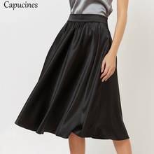 Elegant Vintage Knee Length Midi Skirt Women Autumn Solid Elastic Waist Big Swing A-Line Skirts Female Ladies Office Work Wear 2024 - buy cheap