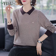 Yisu suéter feminino de primavera na lapela, blusas de lã de manga comprida, pulôver de malha listrado casual da moda, 2021 2024 - compre barato