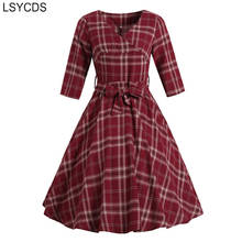 LSYCDS-vestido Vintage a cuadros para mujer, ropa con cuello en V, cintura alta, manga de tres cuartos, con cinturón 2024 - compra barato