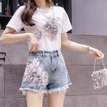 Women 2020 Summer Fashion Cotton T-Shirt Tops + Short Jeans 2 Pieces Sets New Female Denim Pants 3D Flowers Beading Suit Y190 2024 - buy cheap