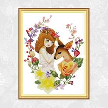 Girl and Deer Patterns Counted Cross-stitch Printed Canvas 11ct 14ct DIY Handwrok Embroidery Thread Sets Cross Stitch kits 2024 - buy cheap