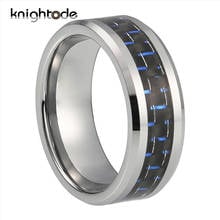 8mm prateado carboneto de tungstênio casamento anéis de banda preto azul inlay de fibra de carbono para homens feminino casal anel chanfrado bordas polido 2024 - compre barato