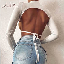 Женские сексуальные футболки ArtSu в стиле Харадзюку с открытой спиной, на шнуровке, уличная одежда с длинным рукавом 2020, однотонные черные и б... 2024 - купить недорого