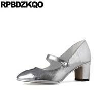 2021 Round Toe European Silver White Italian Chunky Medium Heels Thick High Block Pumps Mary Janes Women Shoes Size 4 34 Ladies 2024 - buy cheap