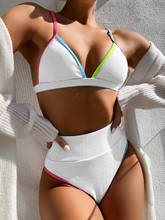 Conjunto de Bikini de cintura alta para mujer, bañador Sexy con borde de rayas de Color, traje de baño acanalado, ropa de playa con tirantes 2024 - compra barato