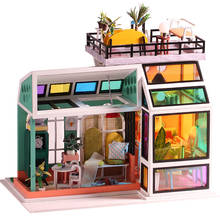 Casa de bonecas de madeira manchada, diy, sala de vidro com varanda ao ar aberto, kit de boneca em miniatura montada, brinquedos para crianças e adultos, presentes 2024 - compre barato