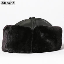 XdanqinX Genuine Leather Cap Men Warm Bomber Hats Winter Thicker Velvet Earmuffs Caps Men's Sheepskin Leather Ski Cap Dad's Hat 2024 - compre barato