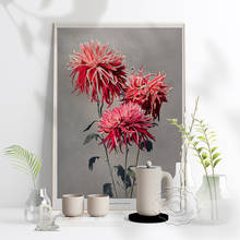 Póster de tres crisantemos rojos, pintura en lienzo de Arte de hoja de flor minimalista moderna, arte de pared de sala de estar de vestíbulo de plantas, decoración del hogar 2024 - compra barato
