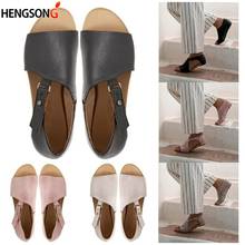 Summer Sandals Women Plus Size Flats Female Casual Peep Toe Shoes PU Slip On Solid Footwear Ankle Buckle Gladiator Roma Shoes 2024 - buy cheap