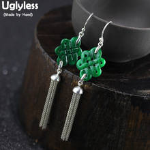 Uglyless Vintage Chinese Knot Emerald Earings for Women Real 925 Silver Chains Tassel Earrings Ethnic Brincos Fine Jewelry E1430 2024 - buy cheap