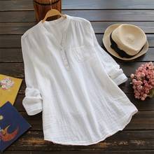 Blusa holgada de algodón con manga larga para 100%, camisa de manga larga con bolsillos y botones, color blanco, elegante, para mujer, talla 5XL 2024 - compra barato