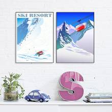 Мультяшный постер для лыжного курорта, зимний Горный пейзаж, холст, живопись, ретро, Настенная картина для гостиной, эстетический Декор для комнаты 2024 - купить недорого