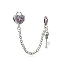 Cadena de seguridad con cierre de corazón para mujer, abalorio de CZ rosa, compatible con Pulsera Original de Pan, cuentas de tope de llave de la suerte para la fabricación de joyas, regalo de amor 2024 - compra barato